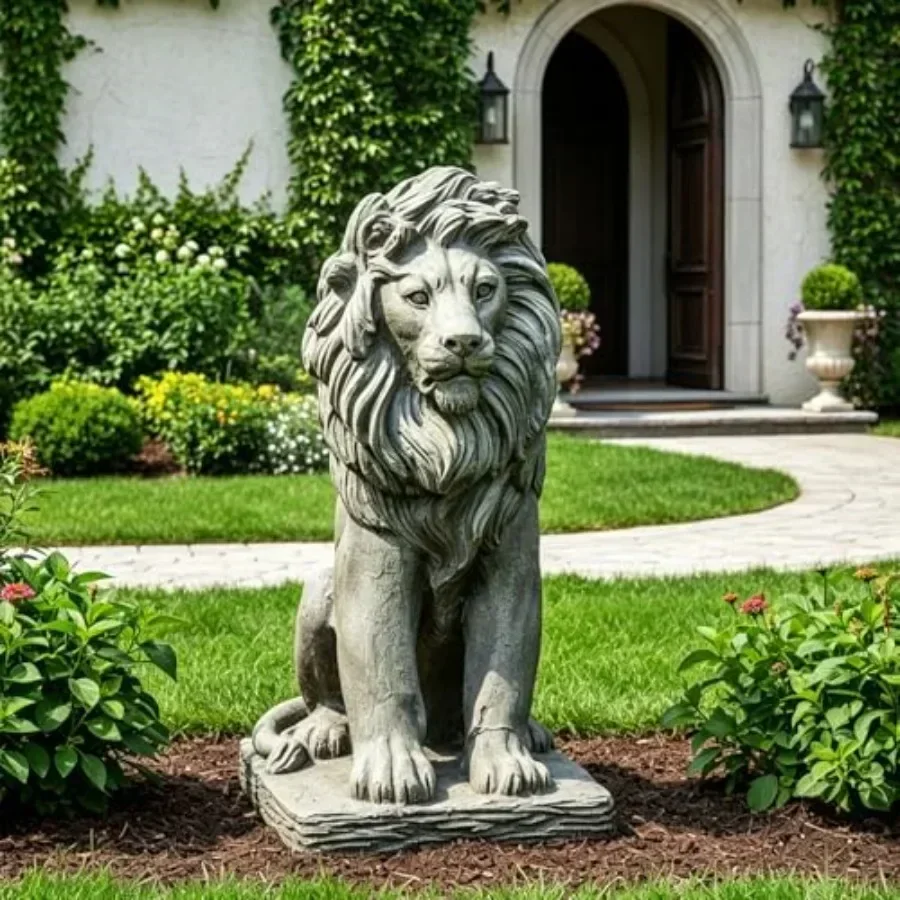 Garden outdoor decoration: concrete seated lion statue, gray, weather-resistant finish, 22.8 H for patio and yard