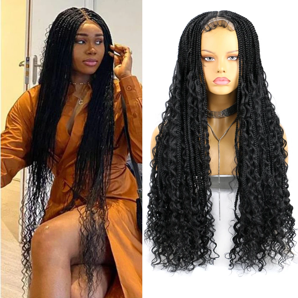 32 Inch Lace Front Box Braided Wigs Boho Curls Synthetic Knotless Square Cornrow Braid Wig With Baby Hair For Black Women