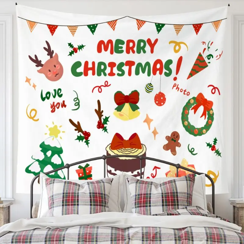 VIKAMA Wall Tapestry Merry Christmas Golden Letter Socks Snowflake Art Print Wall Hanging Home Decor Living Room Bedroom Soft