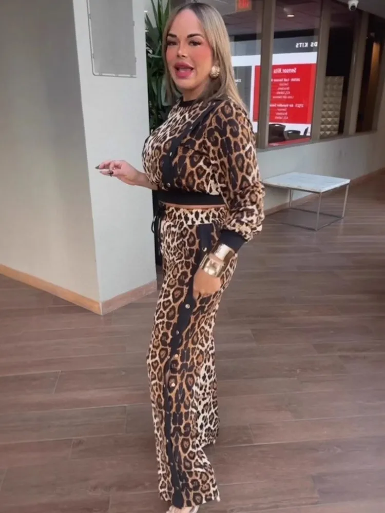 2 Pieces Women's Sets 2025 Spring Summer Leopard Pullover Suit Long Sleeve Tops And Pants Suits Two Piece Set Tracksuit Outfit