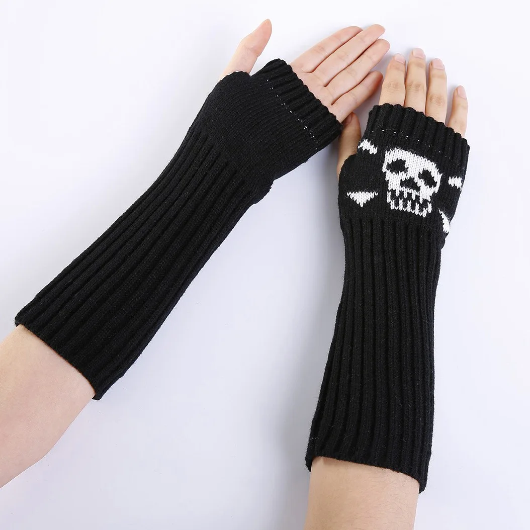 Guantes térmicos con diseño de calavera para hombre y mujer, calentadores de muñeca tejidos con medio dedo, manga abombada, moda, otoño e invierno