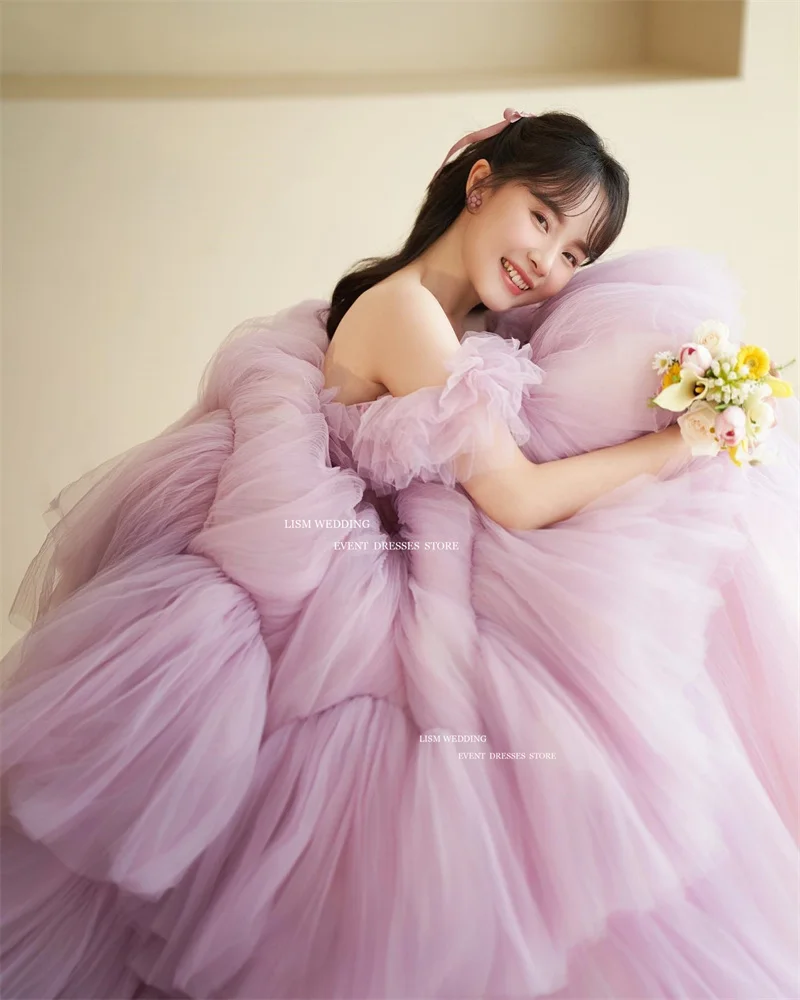 LISM Elegant Purple Tulle A-Line Evening Dresses Korea Photo Shoot Off The Shoulder Sweetheart Tiered Ruffles Formal Dress 2025