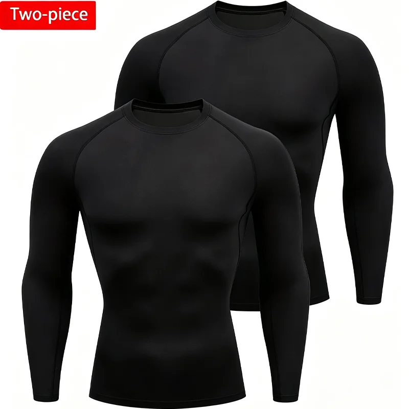 2 Pack Men Compression Sleeve Shirts Quick Dry Athletic Workout Tops Elastic Base Layer Running Cycling Gym Sports Undershirts