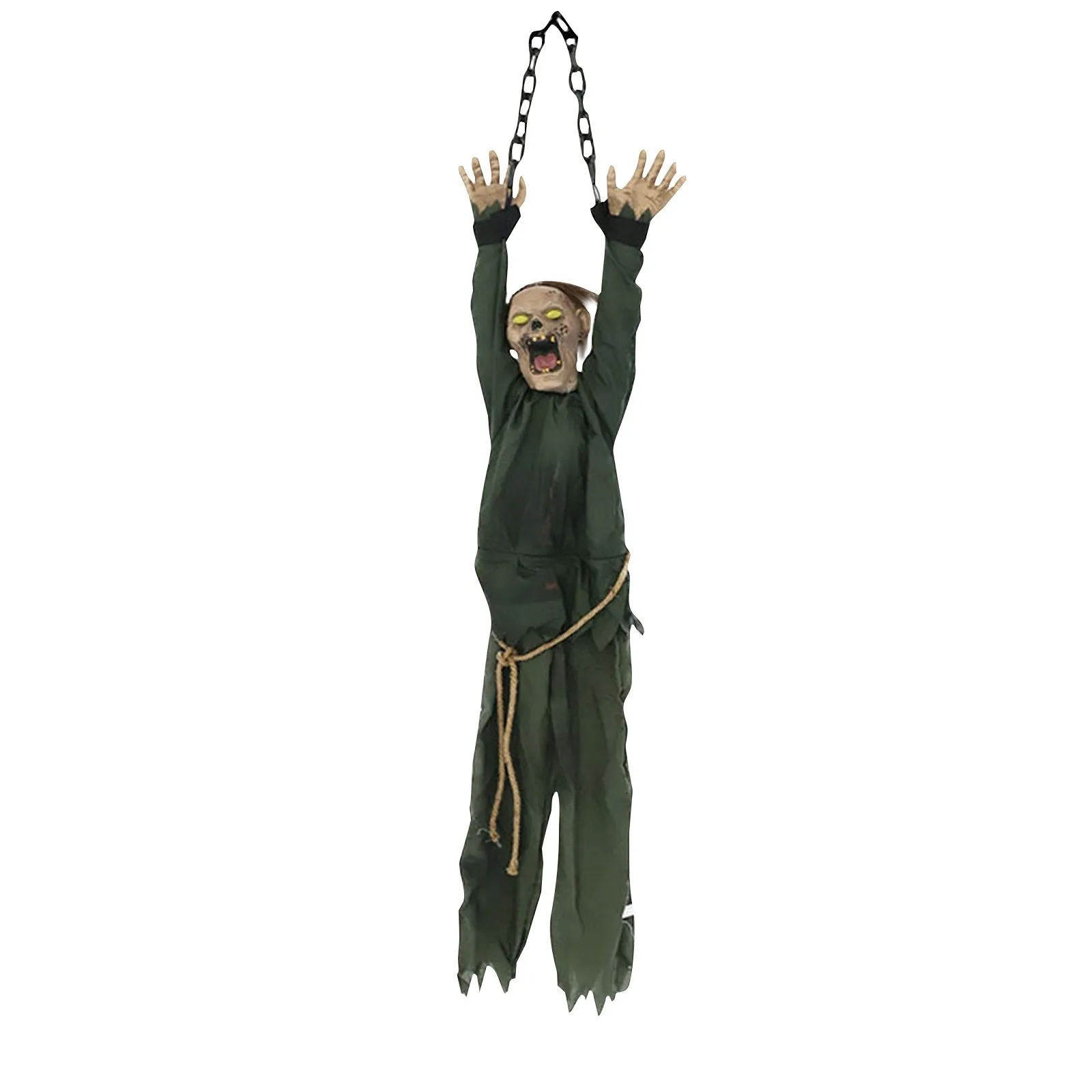 

Halloween Party Props Animated Hanging Clown with Chain Glowing Eyes Creepy Sound for Haunted House Outdoor Yard Decoration