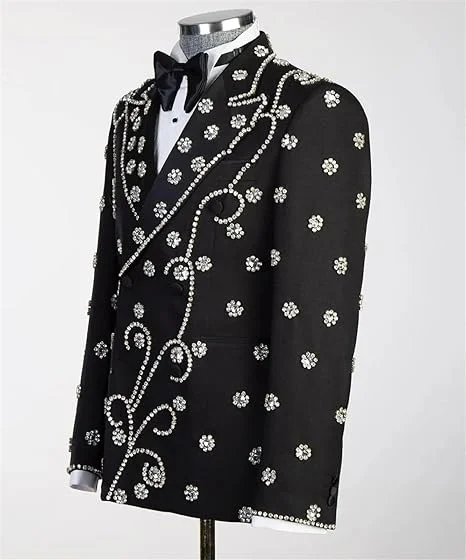 Luxury Slim Fit Men's Suit 2 Pieces One Button Beaded Crystals High Quality Groom Fashion for Wedding Formal Business Dinner Pro