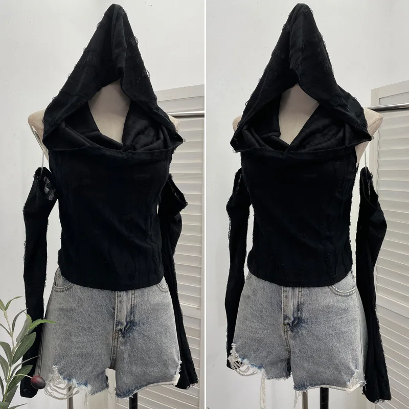 Sexy Wasteland Style Worn And Tattered Top Distressed Hooded T-Shirt With Draped Neck Short Spicy Girl Sleeve-Attached Top 9183