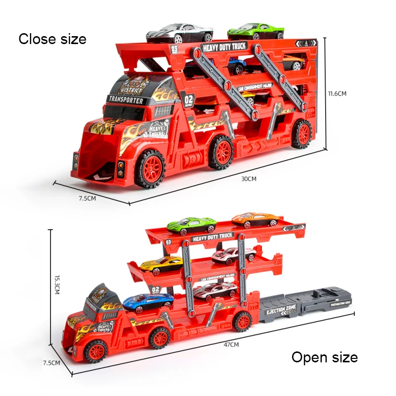 Toy Car Ejection Folding Truck Container Transporter Trailer Track Racing Playset For Kid Children Gift Model Car