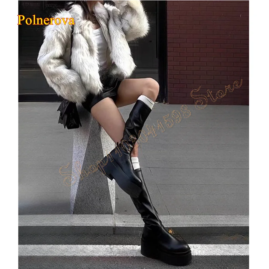 

Black Skinny Leather Knee High Boots,Thick Sole Round Toe High Heel Boots Women Boots Plus Size 2023 New Zapatos Para Mujere