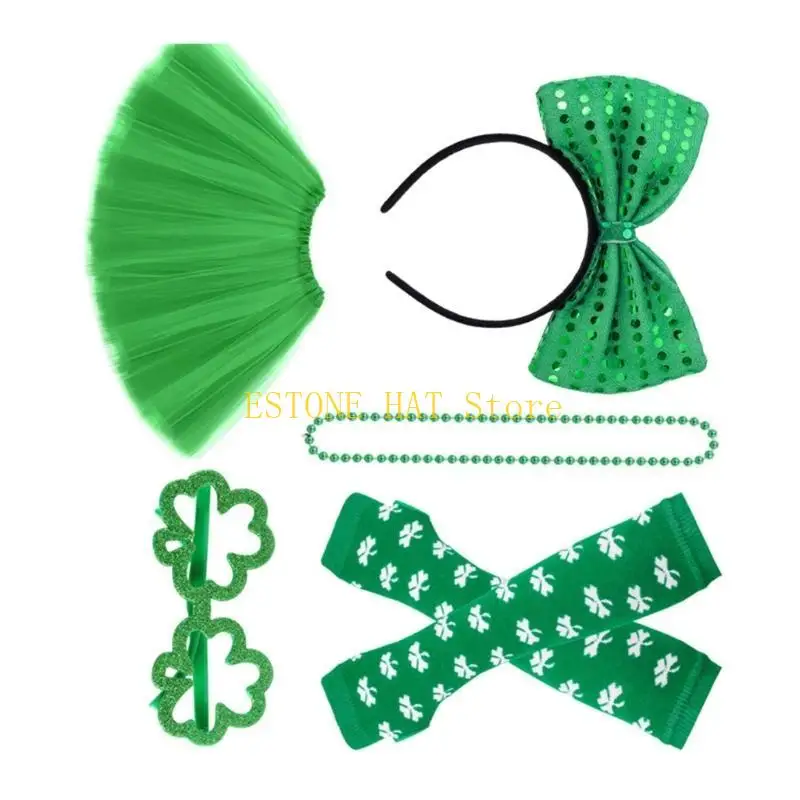 49mf Patrick's Day Kostüm Set Handschuhe Grüne Tutu -Rockbrillen Perlen Halsketten Partyzubehör für erwachsene Frau