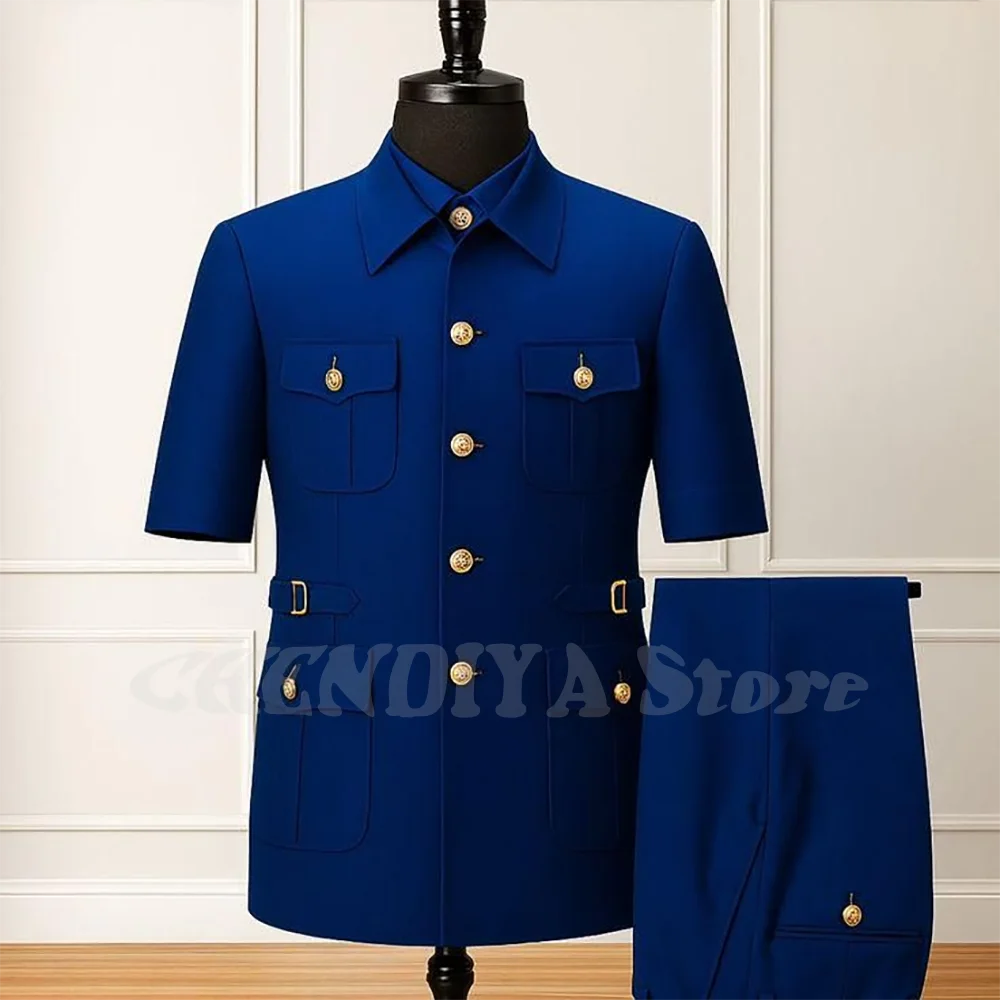 Simple Fashion Full Men‘s Suit Classic Single Breasted Male Blazer with Short Sleeves Slim Fitted Trendy Two Pieces Set