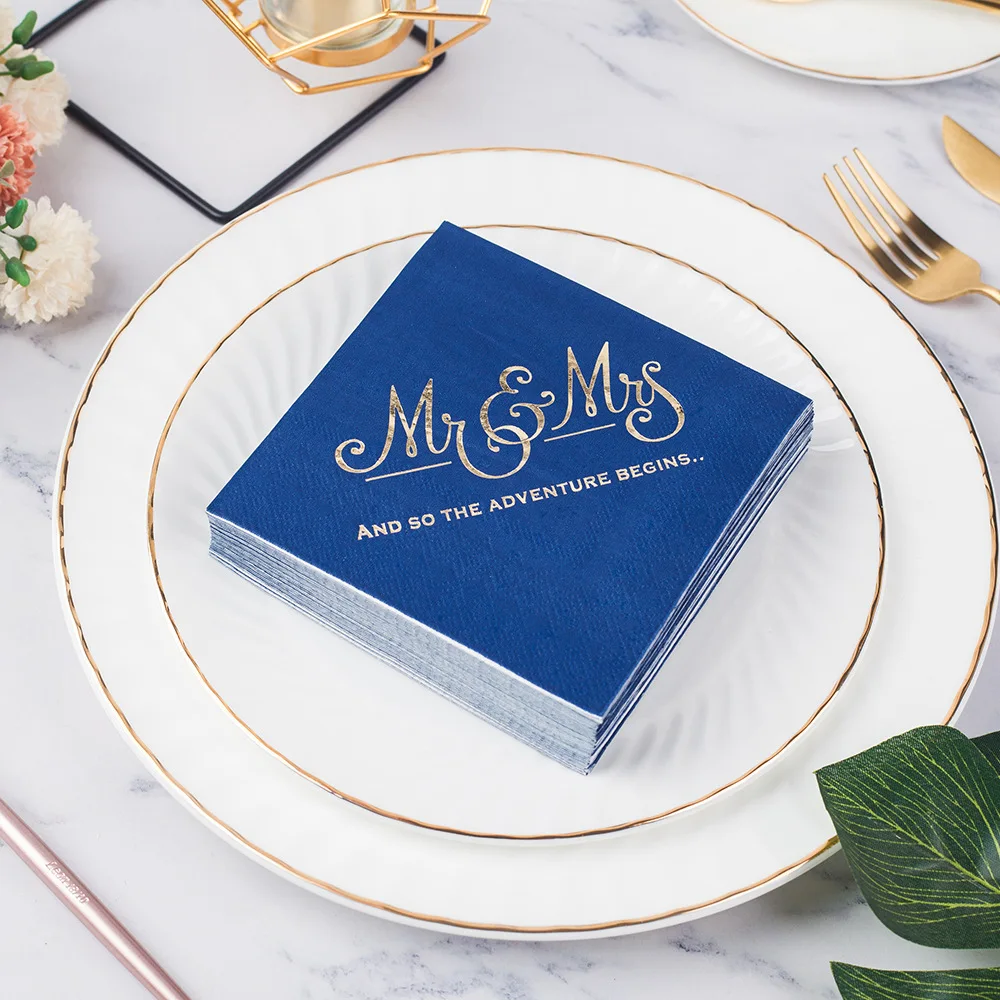 100PCS Mr&Mrs Wedding Paper Napkins Disposable 3-PLY 10inch Bronzing Cocktail Beverage Dessert Napkins for Wedding Anniversary