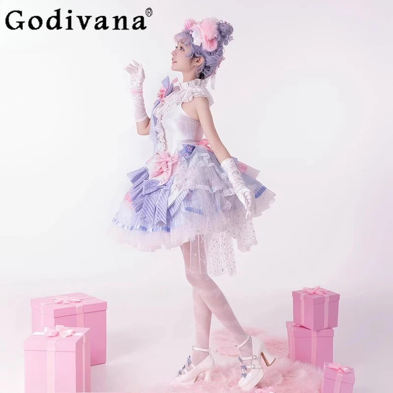 طقم تنورة لوليتا للسيدات قميص أبيض عالي الخصر تنورة قصيرة على شكل حرف A من قطعتين تناسب ملابس تنورة الأميرة اليابانية النسائية