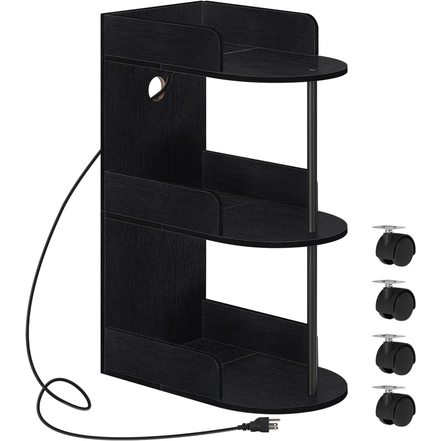 

3-Tier Narrow Nightstand w/ Charging Station | 2 USB & Outlets, Edge Protection | Mobility Wheels for Small Spaces & Multi-Room