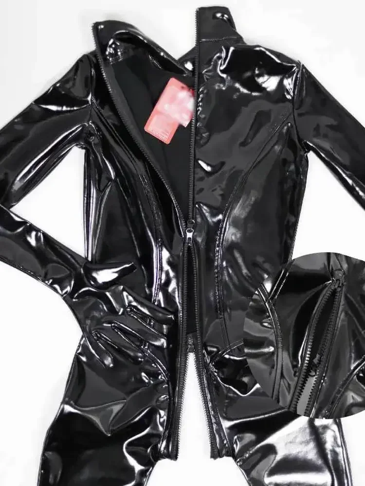 مثير المرأة بولي PU لامعة ارتداءها فو الجلود سستة مفتوحة المنشعب ارتداءها نظرة الرطب البلاستيكية فنجر خادمة الجوارب مثير يوتار بذلة #6