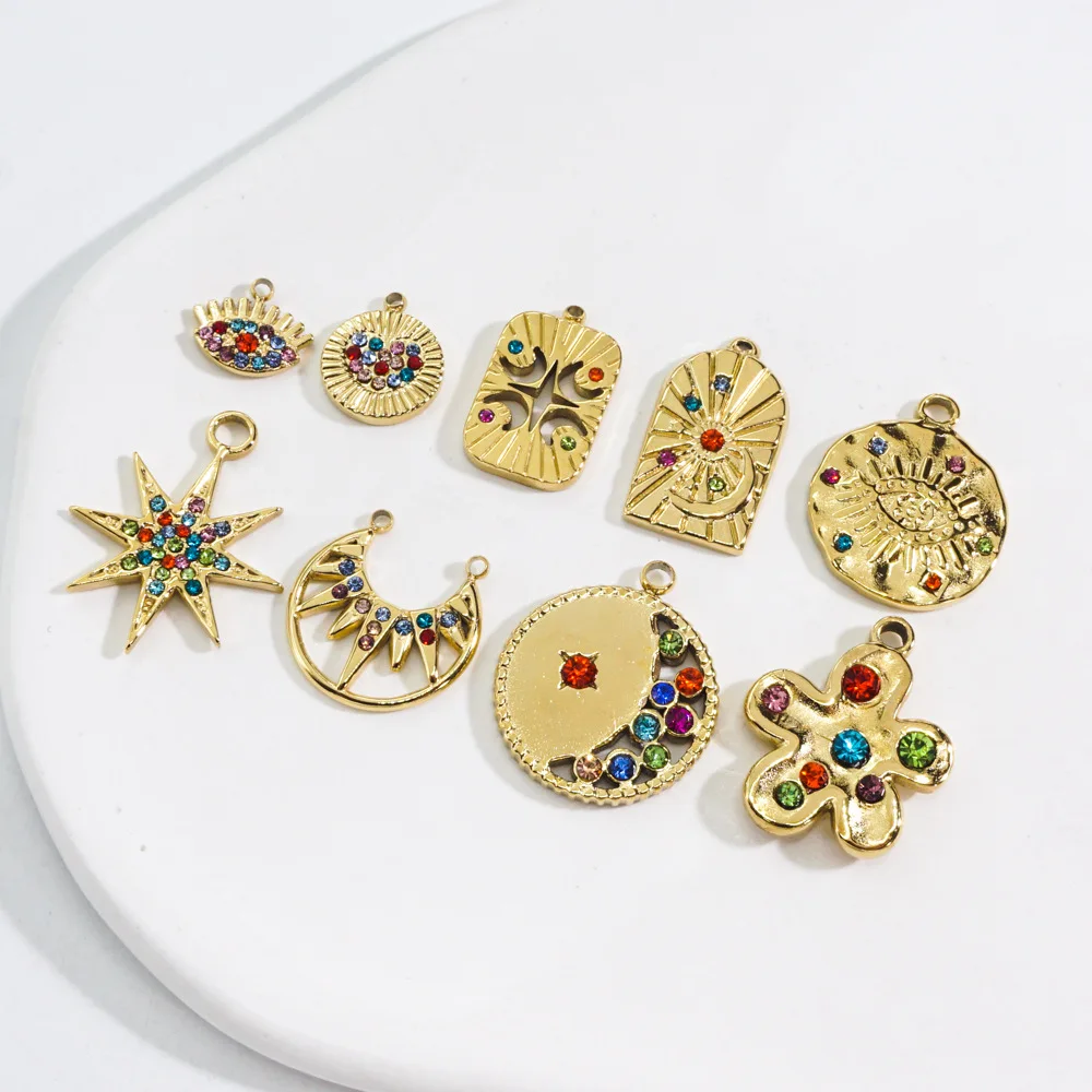 3Pcs Stainless Steel Multicolour Flowers Stars Moon Charms Small Pendant With Zircon DIY Jewelry Necklaces Accessory