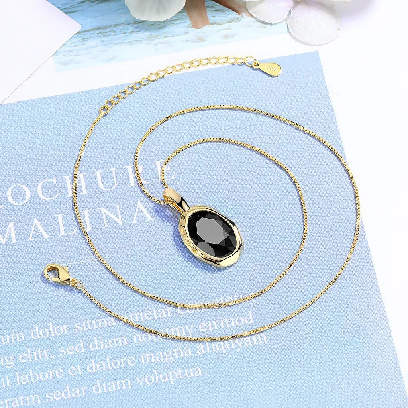 HUATIWOCY Vintage Obsidian Gemstone Pendant Necklace 925 Silver Jewelry for Women Wedding Engagement Party Gift Accessories