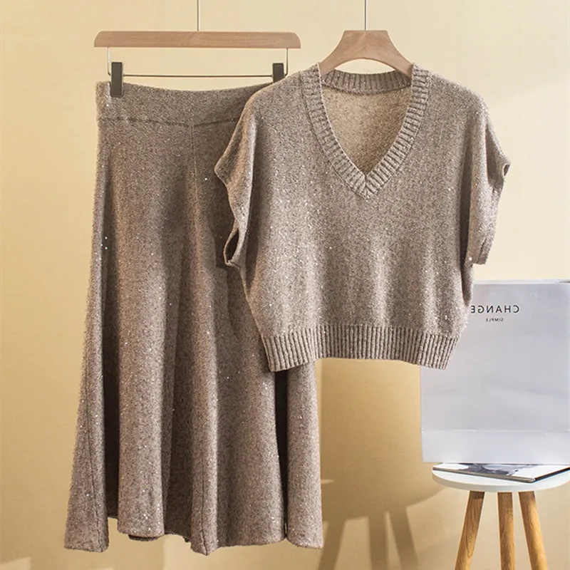 

Women's Summer New Heavy Industry Linen Loose Pullover Waistcoat Knitted Vest Skirt Two-piece Set