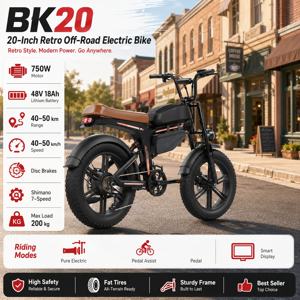 

BK20 20-Inch Retro Electric Bike Off-Road Fat Tire E Bike 750W Motor 48V 18Ah Lithium Battery Bike Electric with Disc Brakes