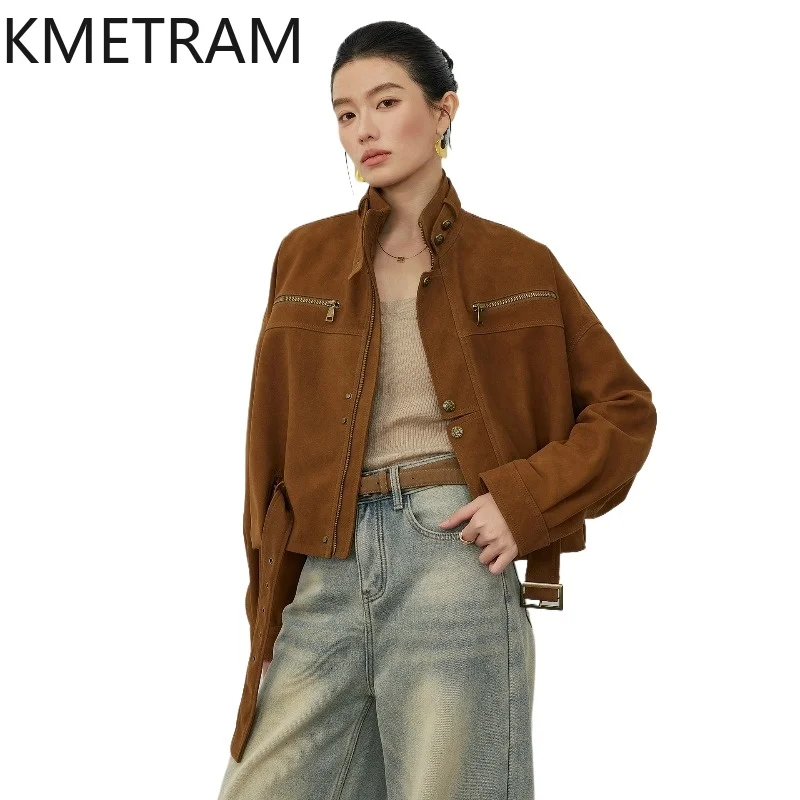 KMETRAM Real Sheepskin Leather Jacket Woman Fashion Short Suede Coat with Belted Genuine Leather Jackets 2026 Women Clothes 가죽자켓
