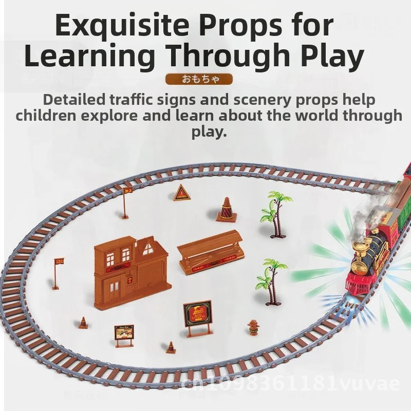 ชุดรางรถไฟไฟฟ้าพร้อมไฟพ่นควันและเสียงเพลงสำหรับเด็ก ของขวัญคริสต์มาส ประกอบฉากรถไฟของเล่นสำหรับเด็กผู้ชาย