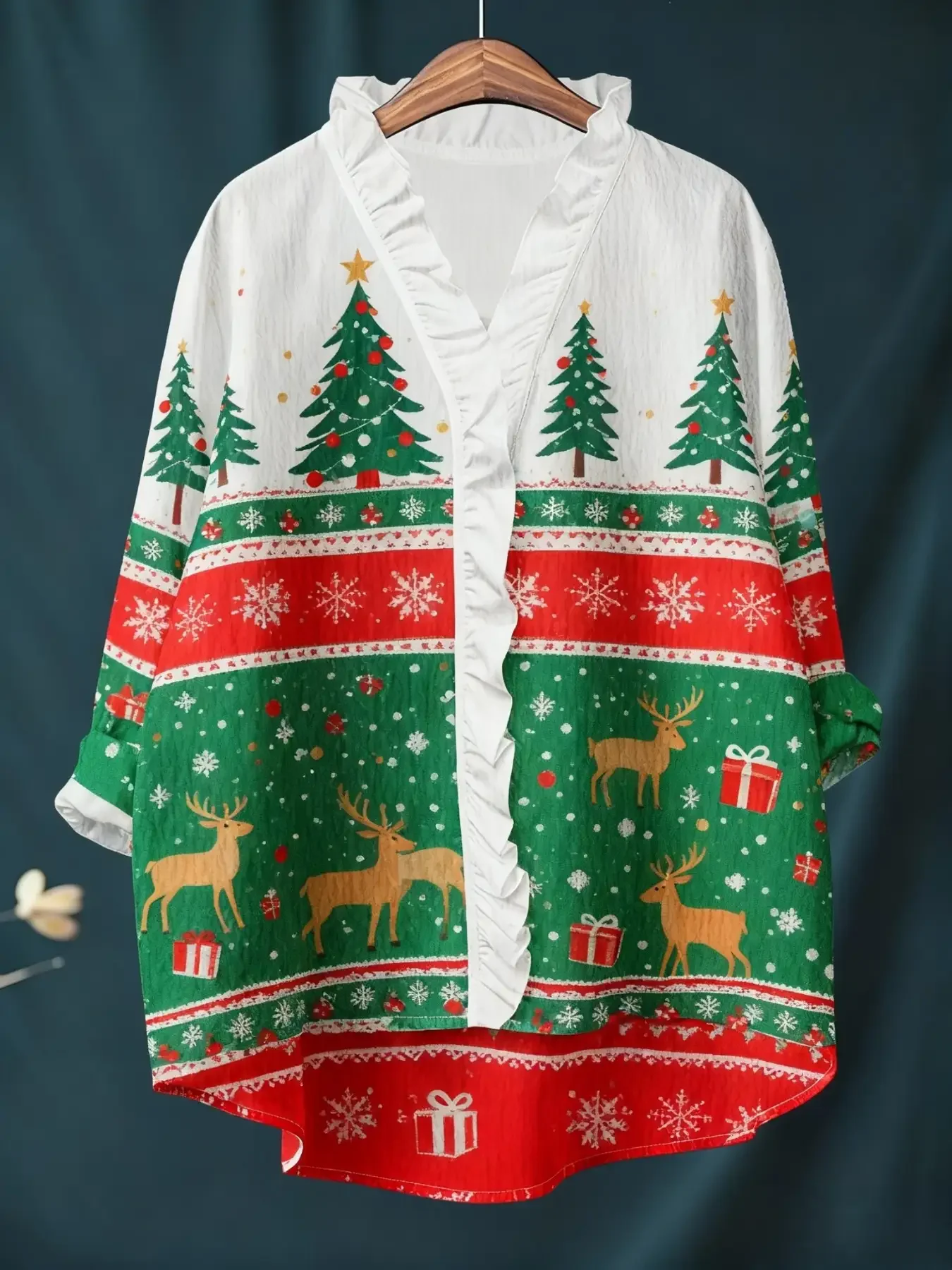 

Ladies' Christmas digital printed long sleeved shirt with ruffled collar, Durable polyester, multifunctional shirt,