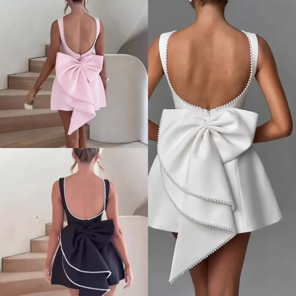 

Luxury Pearl Beading Bow Party Dresses Women Elegant Birthday Dress Sexy Backless Club Prom Evening Dresses Women Clothing
