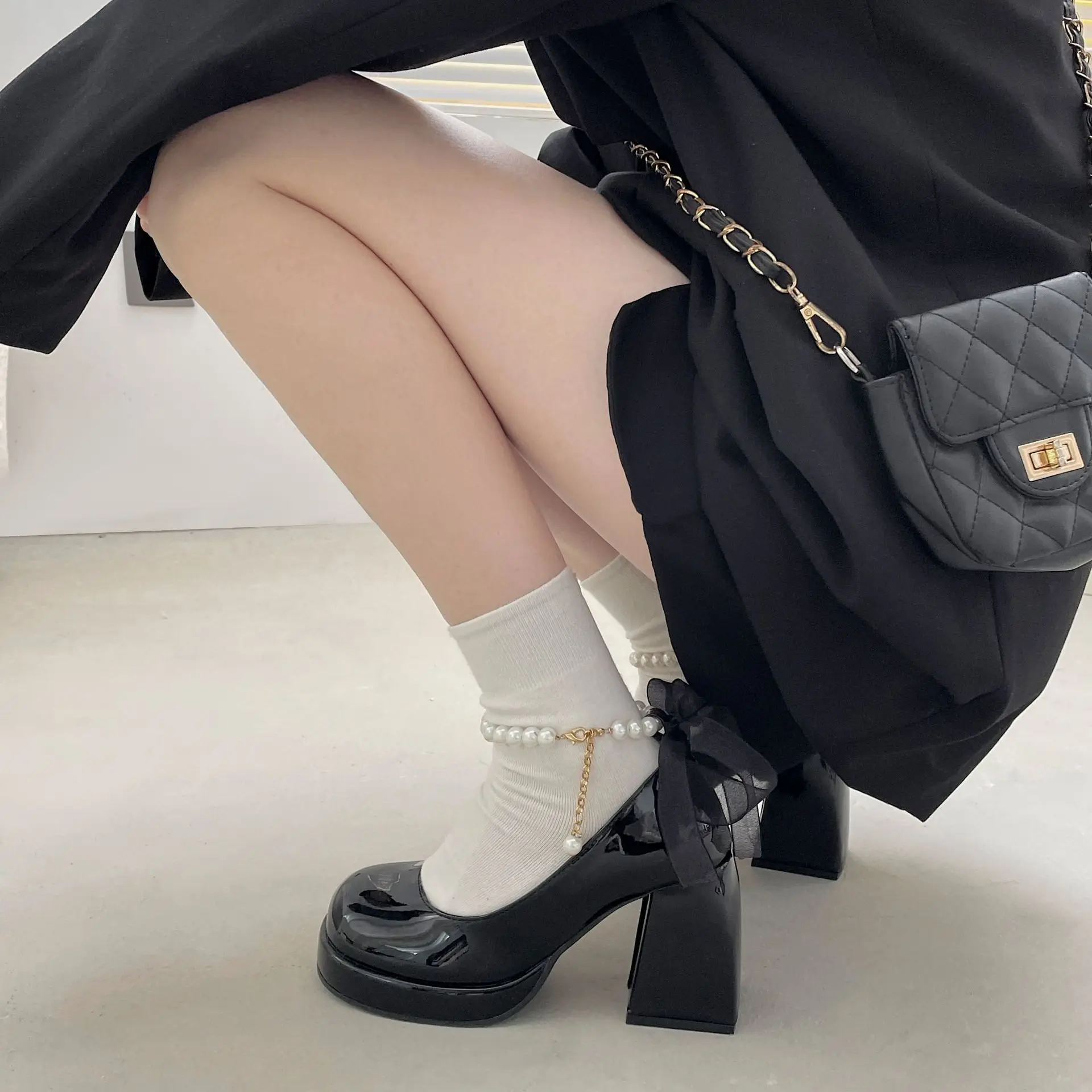 Women High Heels Shoes Square Toe Pumps Mary Jane Shoes JK Cosplay Square heel party wedding Lolita Pearl Bow Pumps A26-91