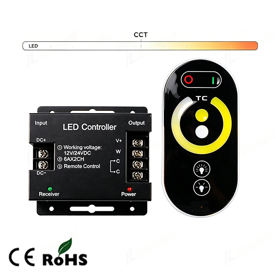 

DC 12V/24V CCT LED Controller 6A×2CH RF Touch Remote Control Adjustable Brightness Color Temperature for WW+CW LED Strip Light