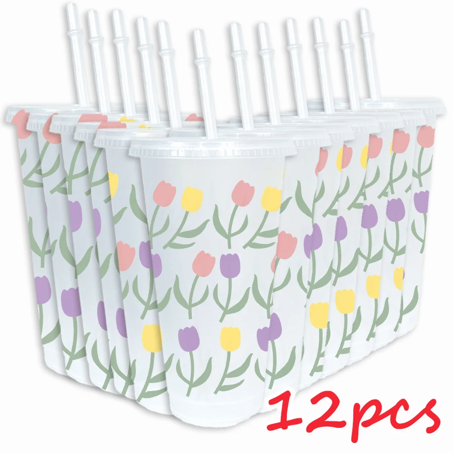 12Pcs/pack Tulip Patterns 780ml/26oz Plastic Tumbler Wedding Cold Cup Birthday Party Drinkware for Back-to-school Gifts view 3