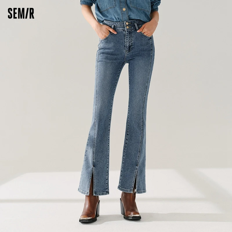 Semir Jeans Dames Lange broek met hoge taille en split Lente Patchwork Flare-broek Beenverlenging