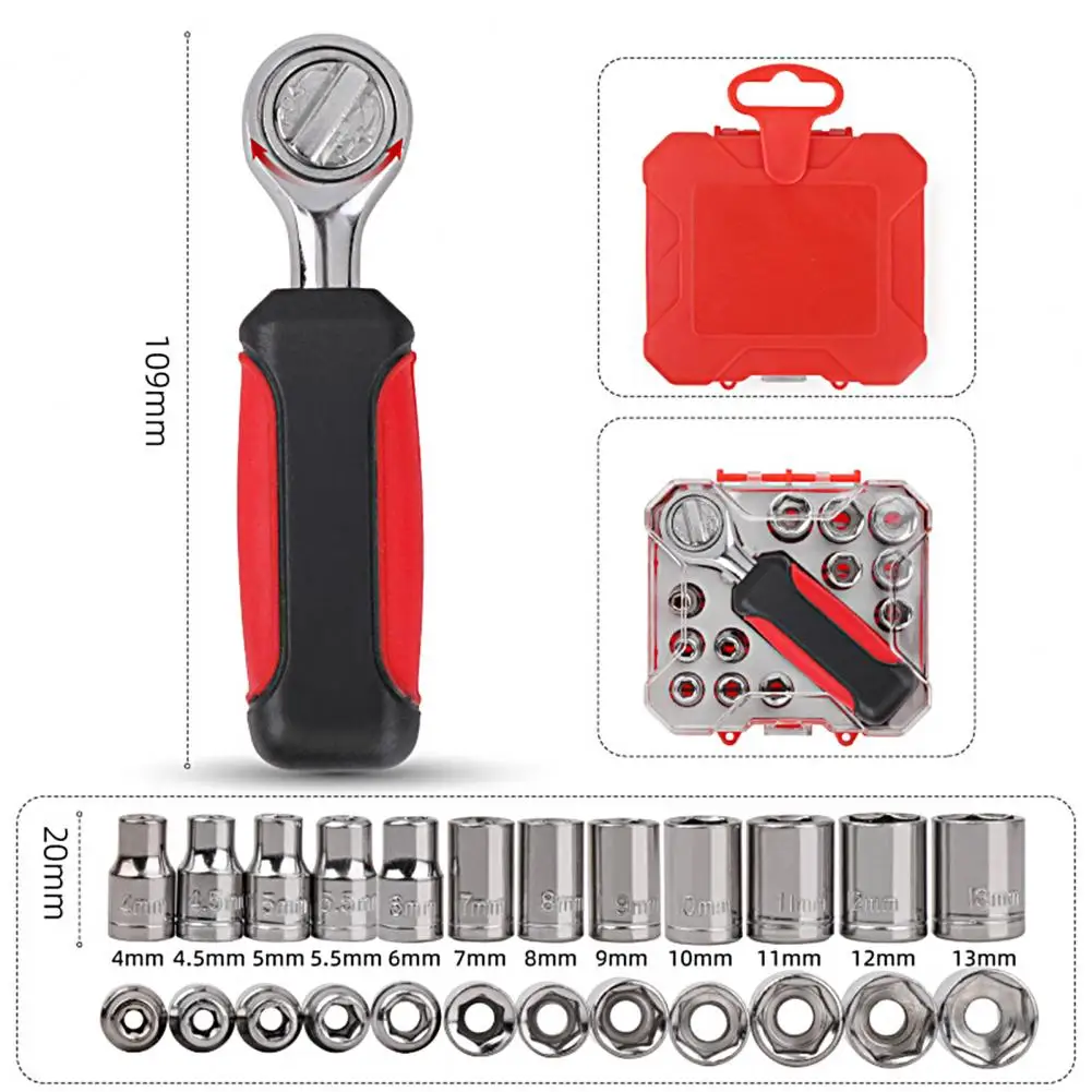 Wrench Socket Interchangeable Ratchet Wrench Set with Non-slip Handle Universal 1/4 Inch Drive Sockets 4-13mm Metric Socket Kit