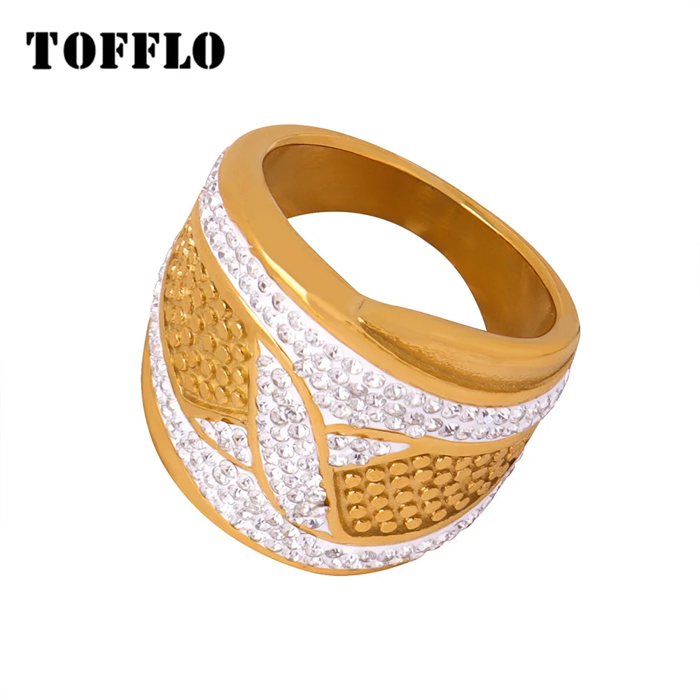 TOFFLO Stainless Steel Retro X Wide Zircon Ring Women's Exaggerated Jewelry BSA108