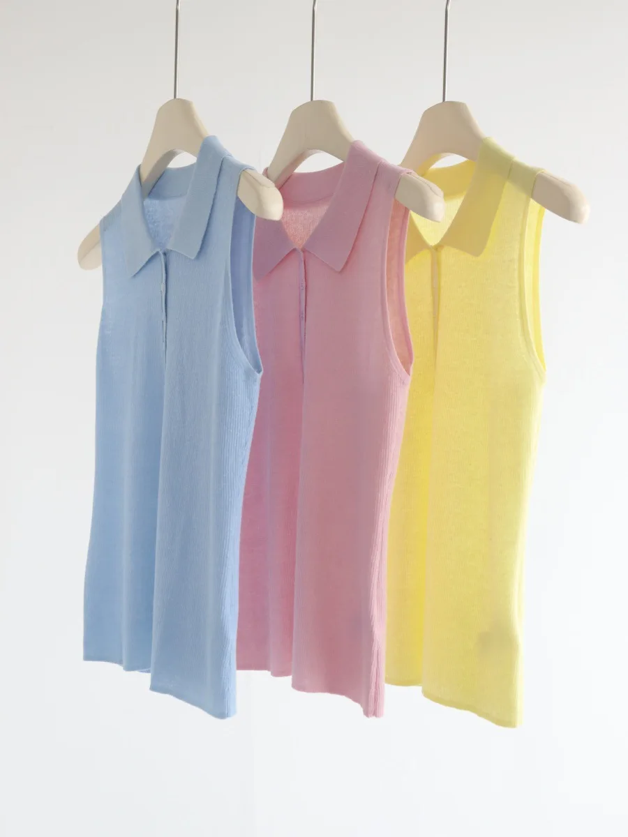 Dave&di Flip Collar Commuting Half Open Button Sleeveless Vest For Women's Summer New Linen Polo Collar Knitted Top