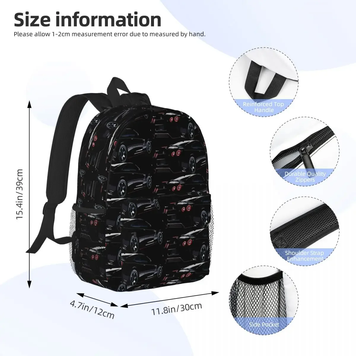 Black Nissan GTR Backpacks Boys Girls Bookbag Casual Students School Bags Travel Rucksack Shoulder Bag Large Capacity