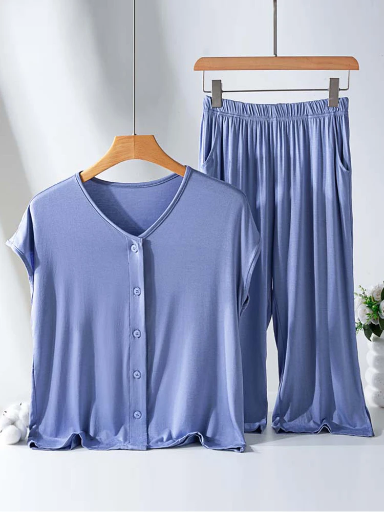 Women's Modal Short Sleeve Open Cardigan Nightgown Loose Fit Home Clothes Button up Comfortable Summer Sleepwear Set