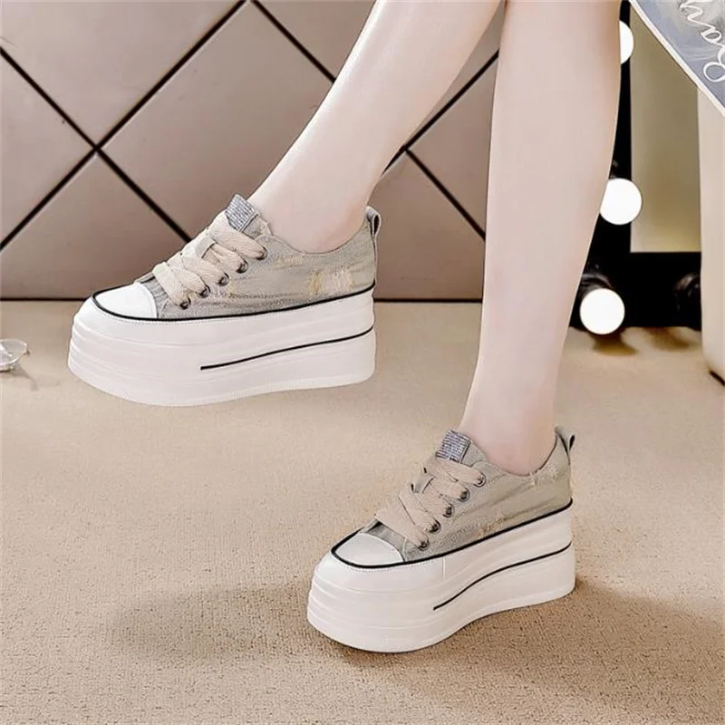 6cm canvas Genuine Leather Platform Sneakers Wedge Super High Heel Women Casual Shoes Chunky Rhinestone Vulcanized shoes 33 40