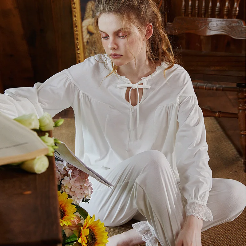

Loose Button Pajamas Sets Vintage Cotton Long Sleeve Tops Pants Loungewear Spring Autumn Solid Color Pajama Princess Sleepwear