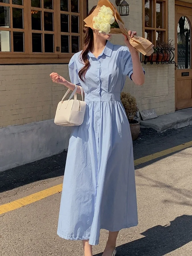 ブルーシャツドレス女性夏の新鮮なファッションウエスト締め半袖ターンダウン襟シングルボタン痩身ハイエンド感ドレス