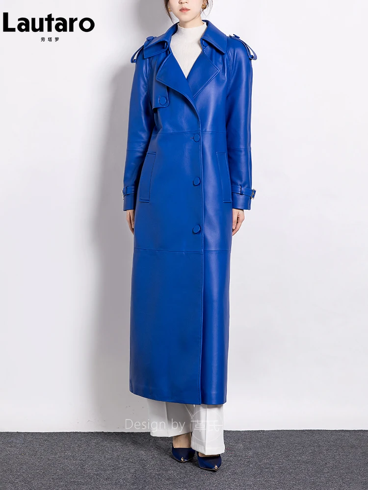 Lautaro Spring Autumn Extra Long Luxury Elegant Blue Soft Pu Leather Trench Coat for Women Stylish Runway European Fashion 2023