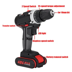 48V Cordless Drill Electric Screwdriver Hammer Drill 25-28Nm Torque Power Screw Driver Power Tools with 1/2Pcs Li-ion Battery