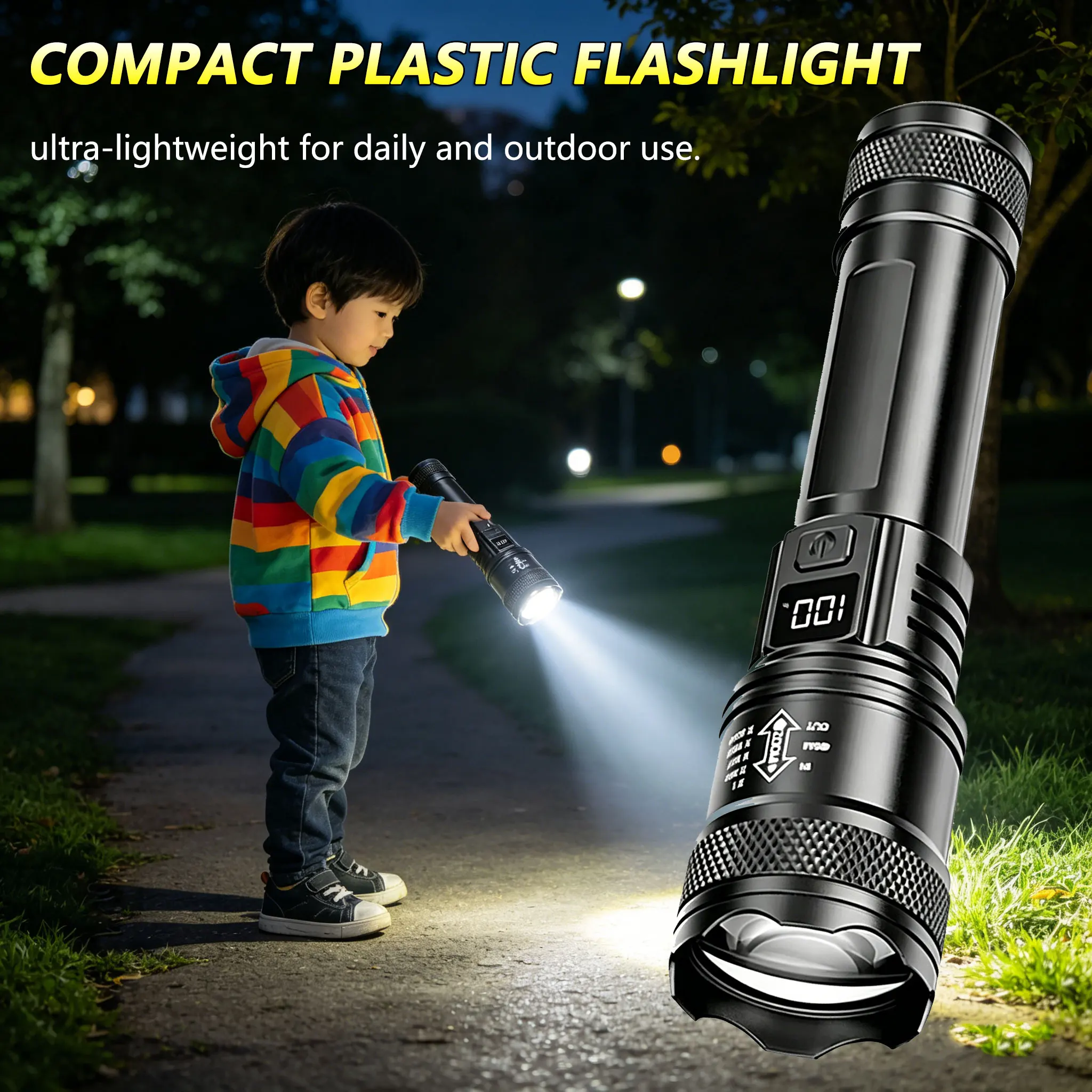 Compact plastic flashlight, ultra-lightweight for daily and outdoor use with Display Light USB Charging Camping Fishing Emergenc