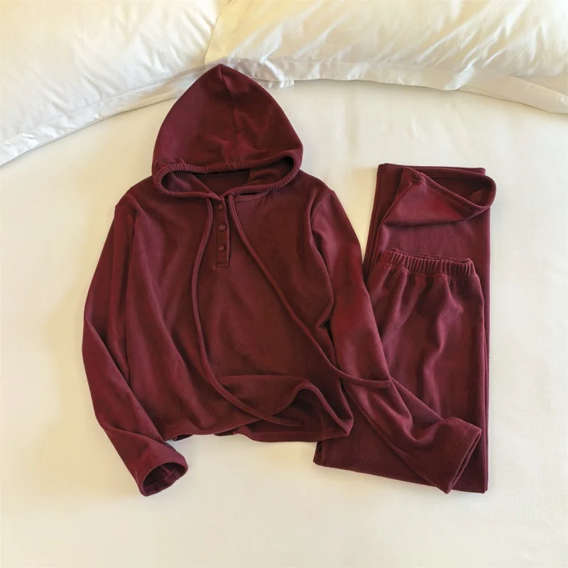 

Зимние женские пижамы, свободные корейские флисовые пижамы с капюшоном, спортивная верхняя одежда, домашняя одежда, весенне-осенний комплект одежды для сна из двух предметов