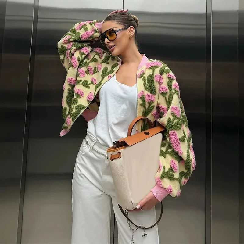 

Floral Sherpa Bomber Jacket Pink Green Flower Embroidery Zip Up Oversized Fleece Coat Streetwear Autumn Winter Outerwear