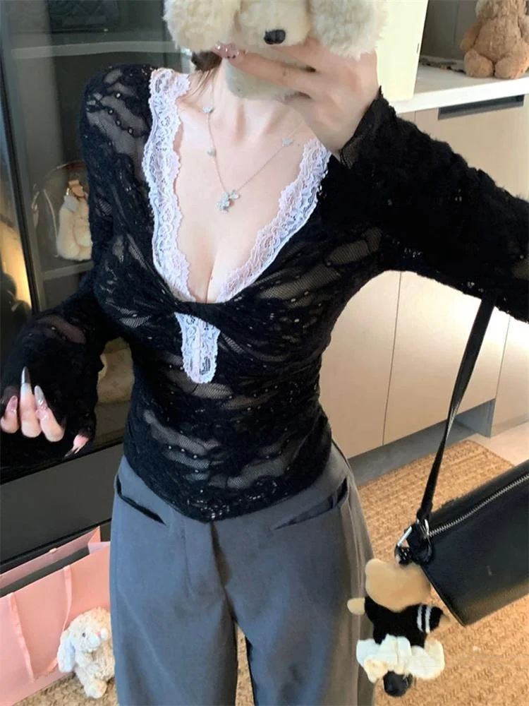 

Женский топ с кружевным узлом и V-образным вырезом, приталенный, с длинными рукавами-колокол, в корейском стиле, для весны и осени, красивый, удобный, дышащий