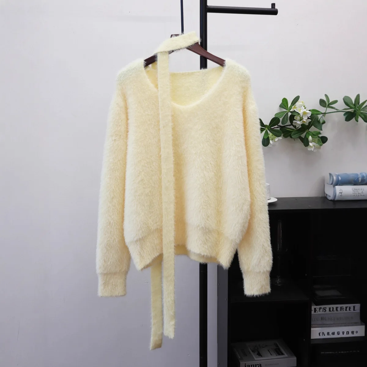 

Women Knitted Pullovers Sweaters Faux Mink Fur Jumpers Ribbon Tie Solid Round Neck Long Sleeves Loose Casual 2025 Autumn Winter
