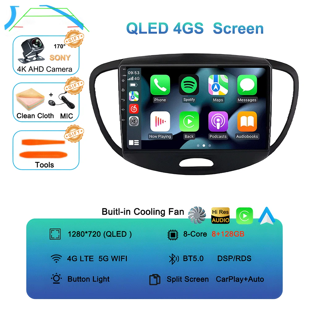 Android 16 Carplay Auto autoradio voor Hyundai I10 2007 - 2013 CarPlay Auto GPS Recorder Multimedia videospeler 4G+WiFi DSP