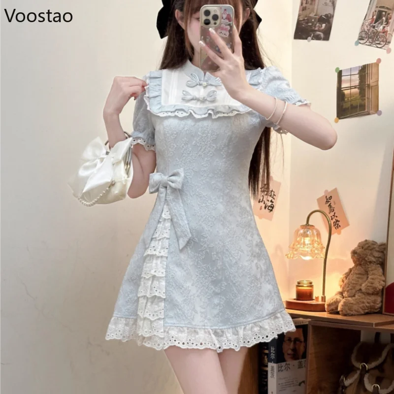 Blue Sweet New Chinese Style Lolita Mini Dress Women Elegant Vintage Bow Lace Ruffles Party Dresses Female Casual Slim Cheongsam