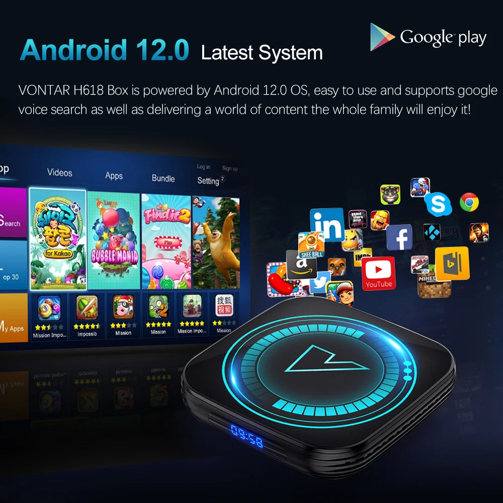 صندوق تلفزيون VONTAR H618 Android 12 بسعر الجملة مع Allwinner H618 رباعي النواة Cortex A53 يدعم 8K Video BT4.0 مشغل وسائط واي فاي مزدوج