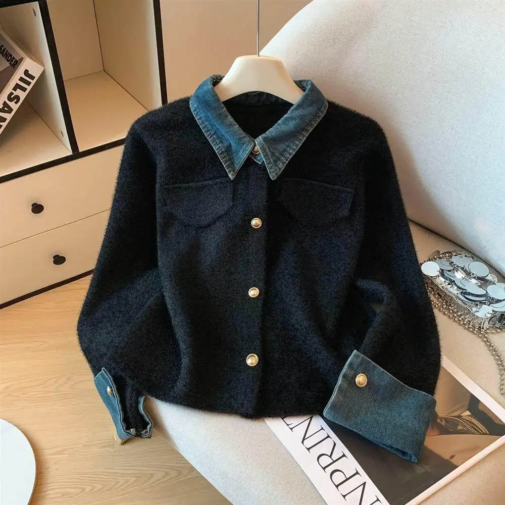 

Винтажный джинсовый кардиган-свитер 2026: Новинка для женщин, с отложным воротником, длинными рукавами, вязаный, модный, свободный крой, элегантный топ