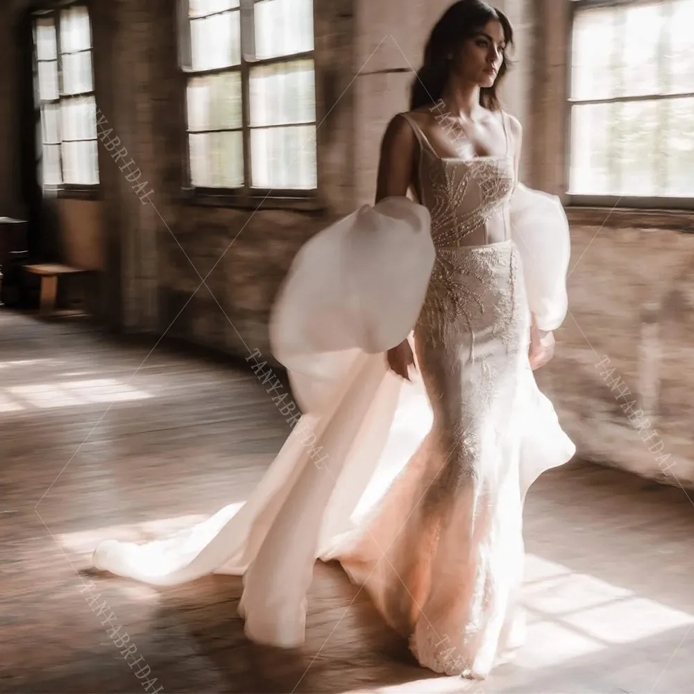 Elegant Organza Satin Wedding Cape With Puffy Short Sleeves,Simple Sweep Train Bridal Cloak,Romantic Wedding Accessories TSWD404